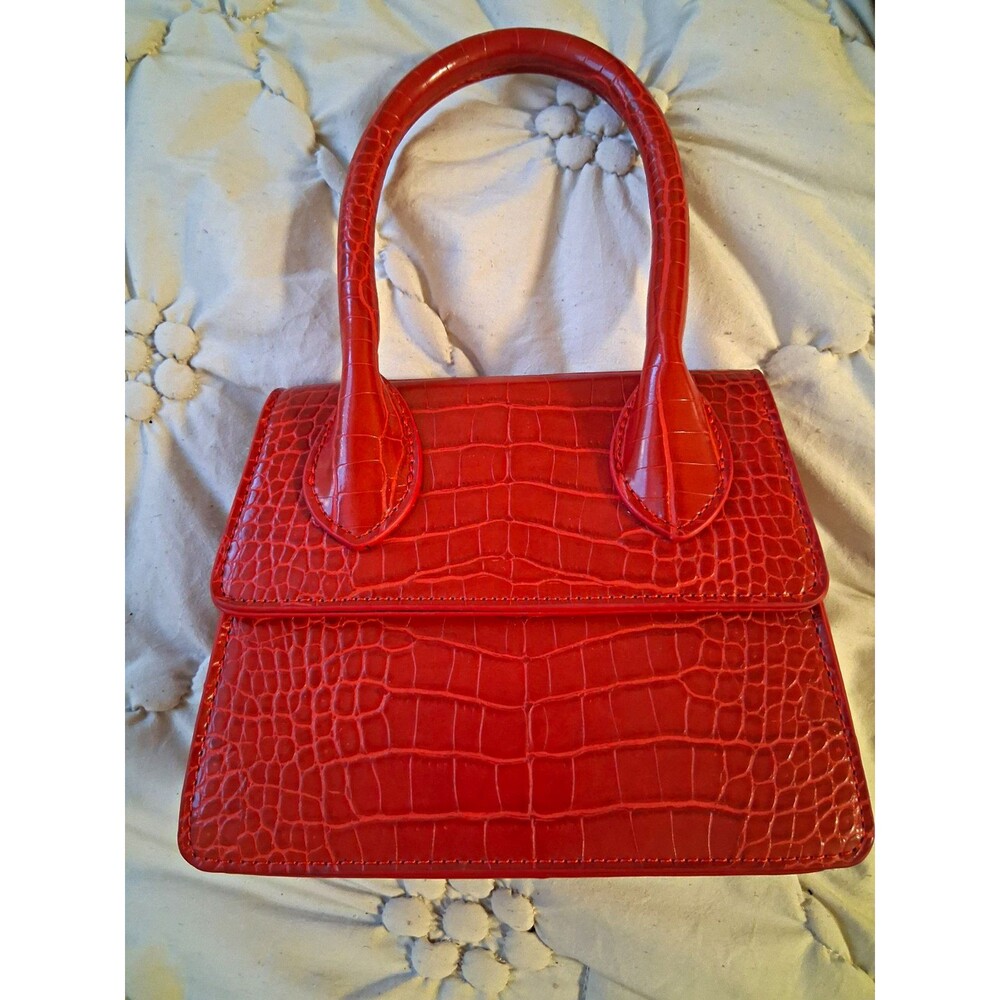 Red Crocodile Embossed Top Handle Bag Magnetic Closure Lined Silver Hardware